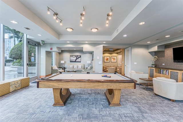 777 N Ashley Dr Unit 1506, Tampa, FL 33602 - playroom featuring carpet floors, pool table, recessed lighting, and a tray ceiling
