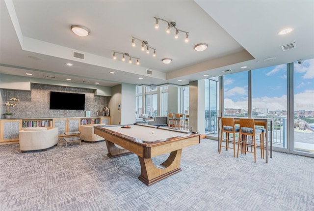 777 N Ashley Dr Unit 1506, Tampa, FL 33602 - rec room featuring carpet flooring, billiards table, and a wall of windows