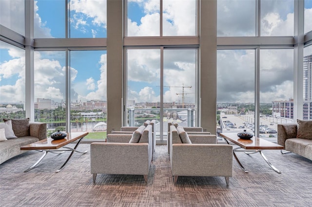 777 N Ashley Dr Unit 1506, Tampa, FL 33602 - living area with a view of city, a towering ceiling, and a water view