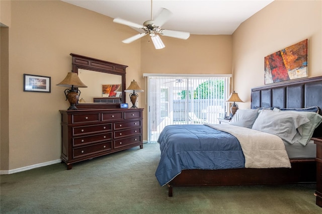 2024 Glen Forge St, Brandon, FL 33511 - carpeted bedroom featuring baseboards, access to exterior, a ceiling fan, and a high ceiling