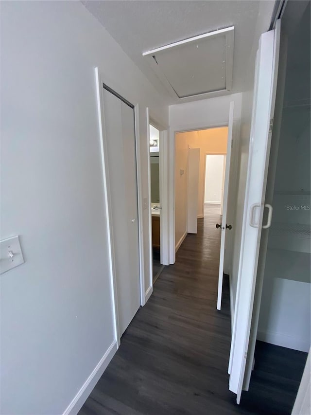 8708 Cobbler Pl, Tampa, FL 33615 - corridor featuring dark wood finished floors, baseboards, and attic access