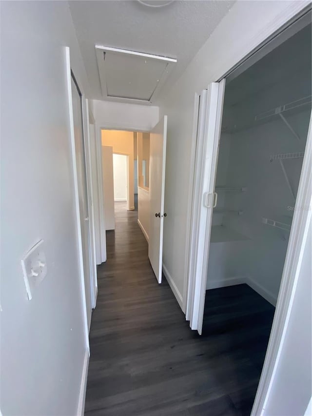 8708 Cobbler Pl, Tampa, FL 33615 - hall featuring dark wood-type flooring, baseboards, and attic access