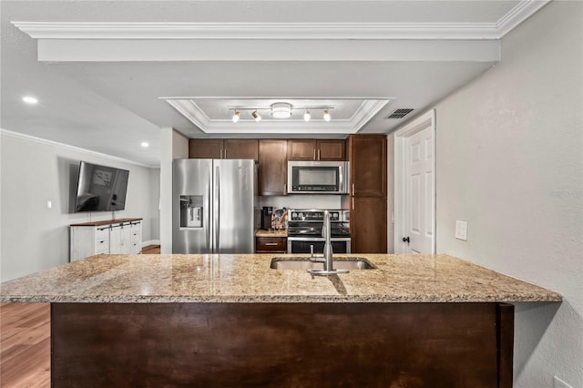 6137 Halifax Dr, New Port Richey, FL 34653 - kitchen with stainless steel appliances, a raised ceiling, a sink, crown molding, and dark brown cabinets