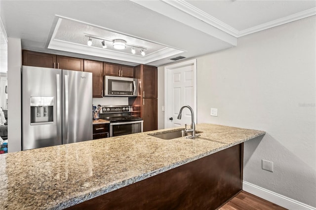 6137 Halifax Dr, New Port Richey, FL 34653 - kitchen with appliances with stainless steel finishes, a sink, a raised ceiling, wood finished floors, and ornamental molding