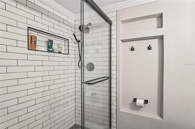 6137 Halifax Dr, New Port Richey, FL 34653 - bathroom featuring crown molding and a stall shower
