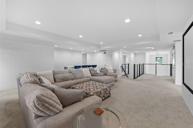 33255 Kateland Dr, Wesley Chapel, FL 33545 - living area with carpet, a tray ceiling, recessed lighting, and baseboards