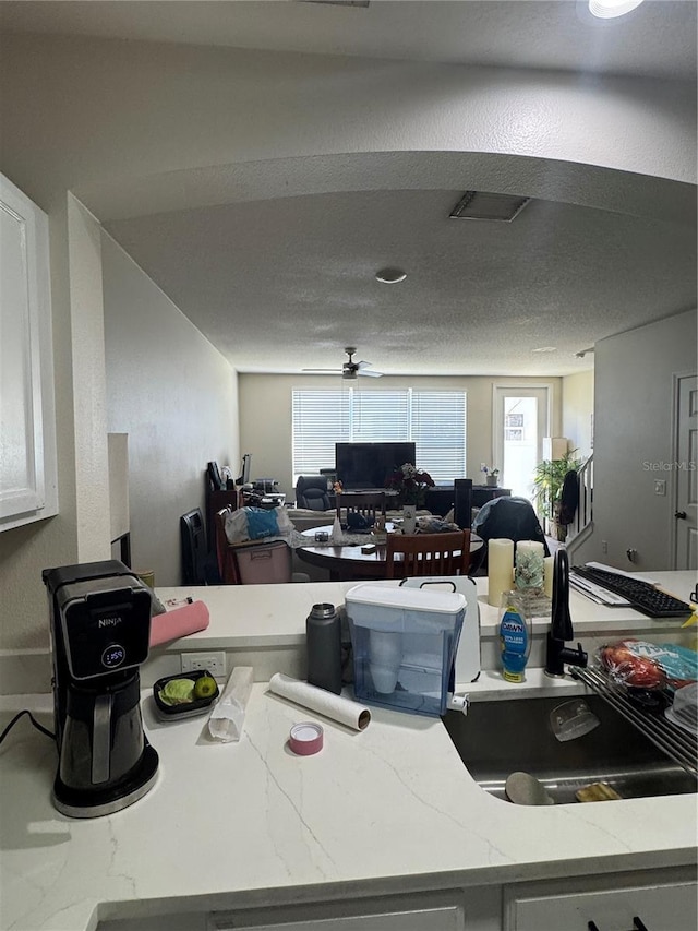 527 Glenn Cross Dr, Ruskin, FL 33570 - kitchen featuring healthy amount of natural light, a ceiling fan, open floor plan, and light stone countertops