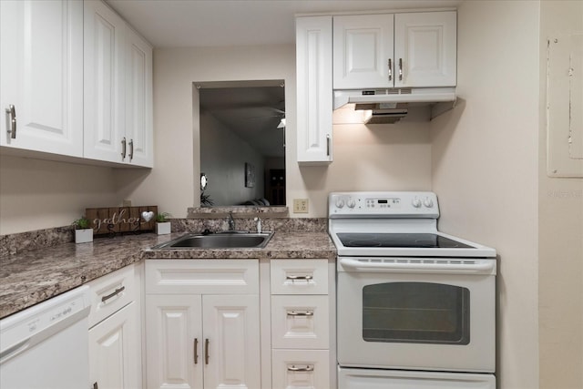 11485 Oakhurst Rd Unit 200-101, Largo, FL 33774 - kitchen with white appliances, a sink, white cabinetry, under cabinet range hood, and electric panel