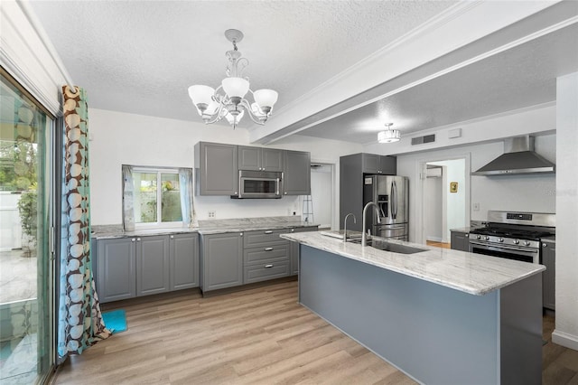 1226 SE 9th Ave, Ocala, FL 34471 - kitchen featuring gray cabinetry, wall chimney exhaust hood, stainless steel appliances, a sink, and a textured ceiling