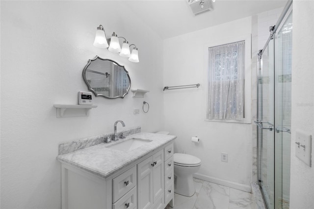 1226 SE 9th Ave, Ocala, FL 34471 - bathroom featuring vanity, a shower stall, marble finish floors, toilet, and baseboards