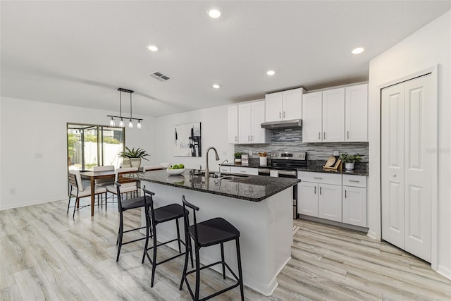 8812 Parsons Hill Blvd, Wesley Chapel, FL 33545 - kitchen with a sink, stainless steel range with electric stovetop, under cabinet range hood, a kitchen bar, and light wood-type flooring
