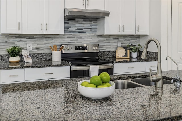 8812 Parsons Hill Blvd, Wesley Chapel, FL 33545 - kitchen featuring stainless steel range with electric cooktop, under cabinet range hood, white cabinetry, and dark stone countertops