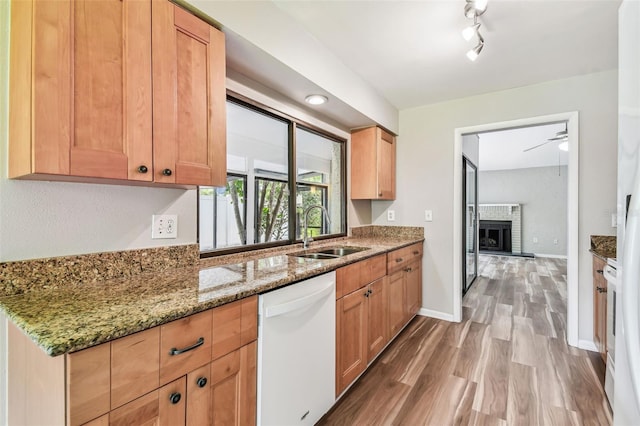 13501 Palmwood Ln Unit 0, Tampa, FL 33618 - kitchen featuring dishwasher, a sink, wood finished floors, a fireplace, and light stone countertops