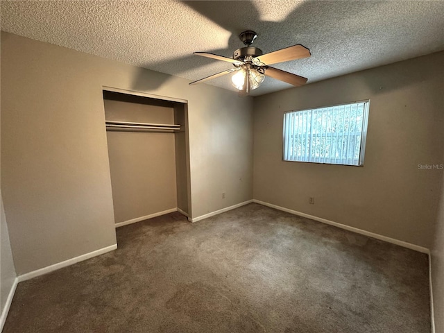3419 Pearson Rd, Valrico, FL 33596 - unfurnished bedroom featuring a closet, carpet flooring, a textured ceiling, baseboards, and ceiling fan