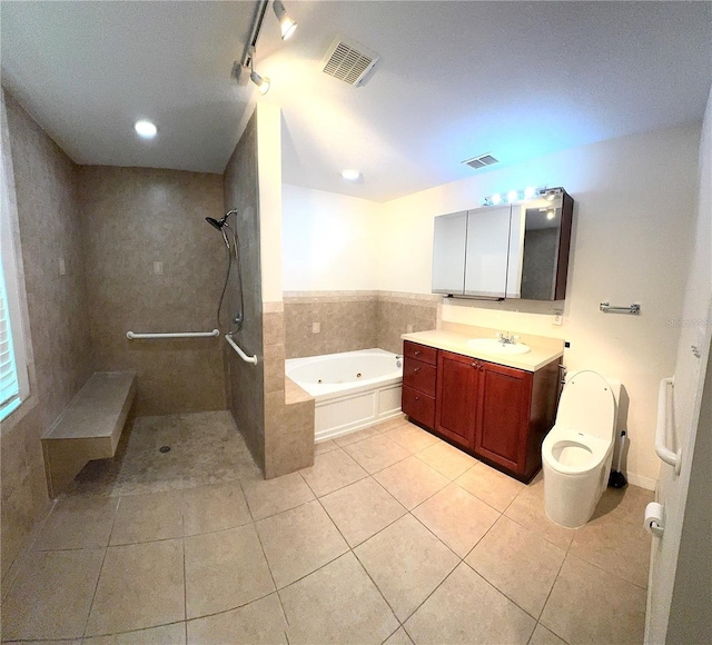 3419 Pearson Rd, Valrico, FL 33596 - full bath featuring tile patterned flooring, a tub with jets, vanity, a tile shower, and toilet