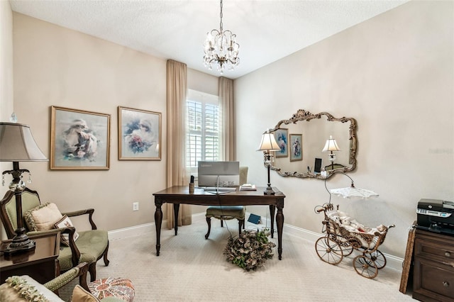 3302 Granite Ridge Loop, Land O Lakes, FL 34638 - carpeted home office featuring baseboards, a chandelier, and a textured ceiling