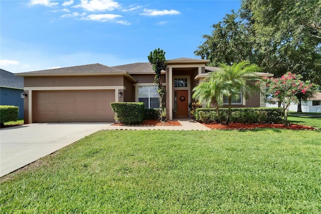 2803 Abbey Grove Dr, Valrico, FL 33594 - view of front of house with an attached garage, stucco siding, driveway, and a front lawn