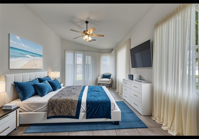 2803 Abbey Grove Dr, Valrico, FL 33594 - bedroom with vaulted ceiling, multiple windows, a ceiling fan, and light tile patterned flooring