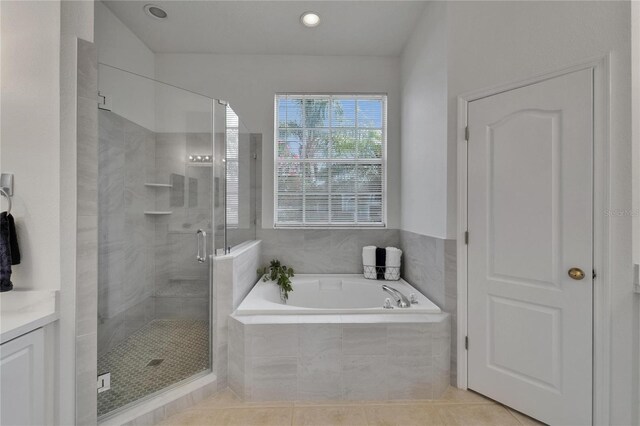 2803 Abbey Grove Dr, Valrico, FL 33594 - full bath featuring a bath, a shower stall, vanity, tile patterned flooring, and recessed lighting