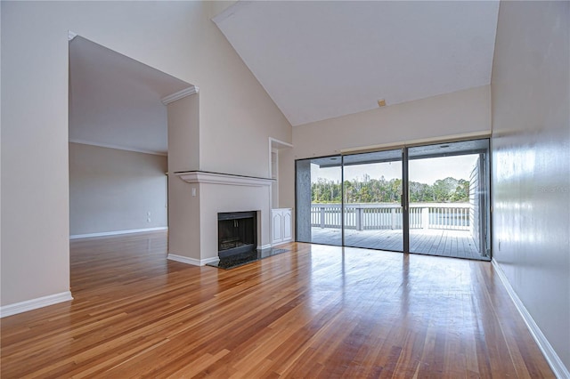 13635 Twin Lakes Ln Unit 13635, Tampa, FL 33618 - unfurnished living room featuring high vaulted ceiling, baseboards, a fireplace, and wood finished floors
