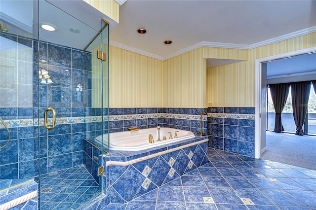 13635 Twin Lakes Ln Unit 13635, Tampa, FL 33618 - bathroom with a bath, ornamental molding, wallpapered walls, a stall shower, and recessed lighting