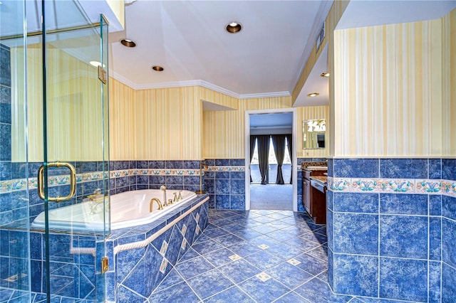 13635 Twin Lakes Ln Unit 13635, Tampa, FL 33618 - full bathroom featuring wallpapered walls, vanity, a garden tub, crown molding, and a shower stall