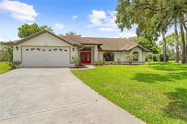 206 Forest Wood Ct, Spring Hill, FL 34609 - ranch-style home featuring a garage, stucco siding, driveway, and a front lawn