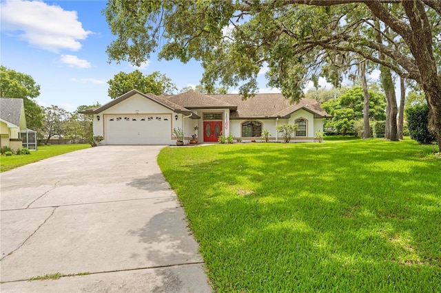 206 Forest Wood Ct, Spring Hill, FL 34609 - single story home with a garage, concrete driveway, a front yard, and stucco siding