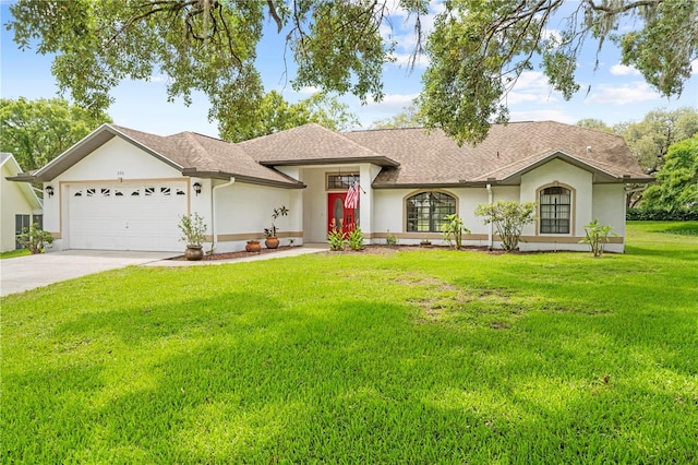 206 Forest Wood Ct, Spring Hill, FL 34609 - ranch-style home featuring stucco siding, a garage, concrete driveway, a front yard, and a shingled roof