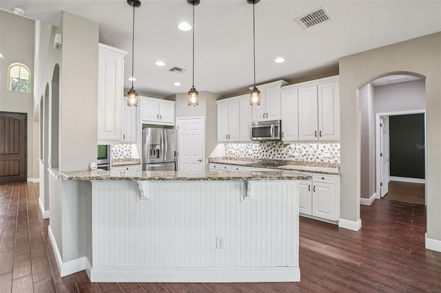 19711 Wellington Manor Blvd, Lutz, FL 33549 - kitchen with stainless steel appliances, arched walkways, a peninsula, backsplash, and dark wood-style flooring