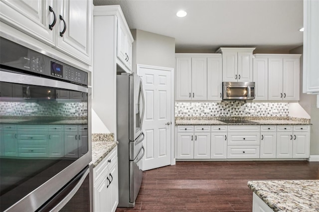 19711 Wellington Manor Blvd, Lutz, FL 33549 - kitchen with stainless steel appliances, tasteful backsplash, white cabinetry, light stone counters, and recessed lighting