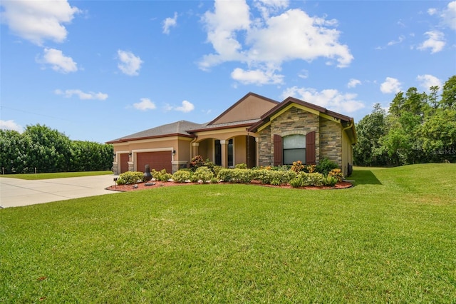 4608 Scott Rd, Lutz, FL 33558 - view of front of home with stone siding, stucco siding, an attached garage, a front yard, and concrete driveway