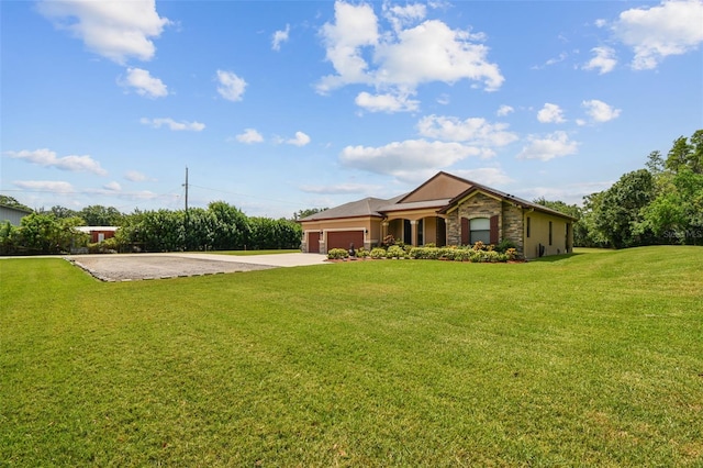 4608 Scott Rd, Lutz, FL 33558 - view of front facade featuring driveway, an attached garage, stone siding, and a front yard