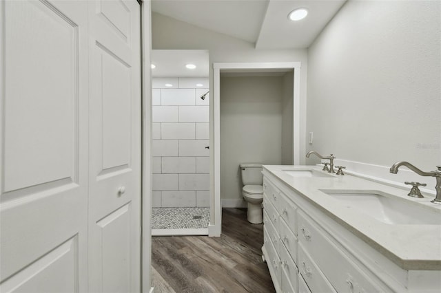816 9th Ave SW, Largo, FL 33770 - bathroom with a shower stall, wood finished floors, toilet, recessed lighting, and double vanity