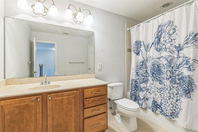 1769 Strathmore Cir, Mount Dora, FL 32757 - bathroom featuring toilet, vanity, shower / tub combo with curtain, tile patterned flooring, and a textured ceiling