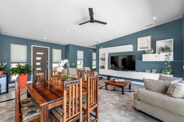 10722 Sumner Rd, Wimauma, FL 33598 - dining room featuring ceiling fan, vaulted ceiling, and recessed lighting