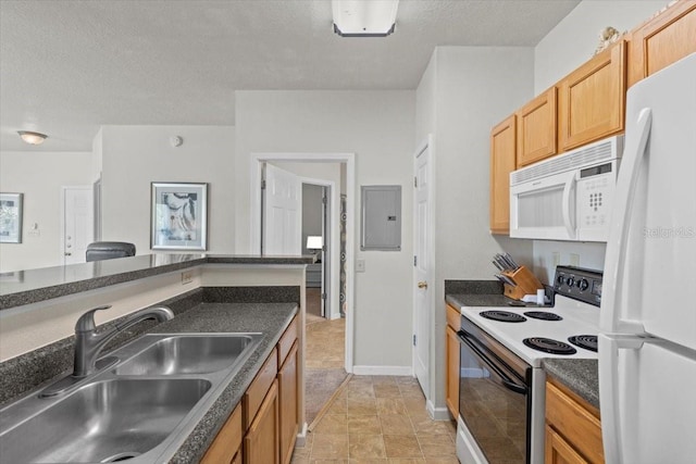 10764 70th Ave Unit 3206, Seminole, FL 33772 - kitchen with white appliances, a sink, electric panel, dark countertops, and a textured ceiling