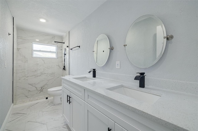 2436 Beacon Groves Blvd, Palm Harbor, FL 34683 - full bathroom featuring marble look tile flooring, double vanity, a marble finish shower, and a textured ceiling