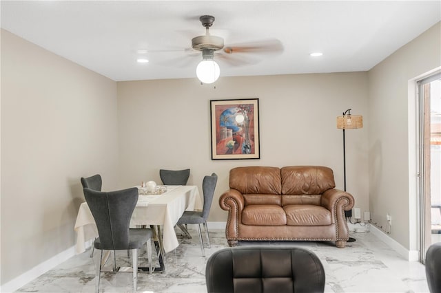 1406 Valley Pl, Brandon, FL 33510 - living room featuring marble look tile flooring, a ceiling fan, baseboards, and recessed lighting