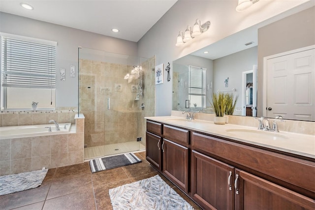 1524 Rhodeswell Ln, Dover, FL 33527 - bathroom with tile patterned floors, a bath, double vanity, tiled shower, and recessed lighting