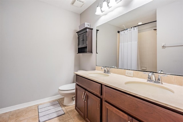 1524 Rhodeswell Ln, Dover, FL 33527 - bathroom with toilet, double vanity, tile patterned floors, a shower with shower curtain, and baseboards