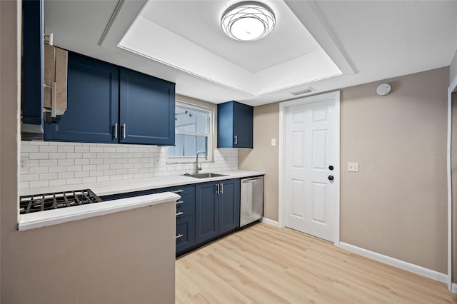 320 Tallahassee Dr NE, Saint Petersburg, FL 33702 - kitchen with a sink, blue cabinetry, dishwasher, and backsplash