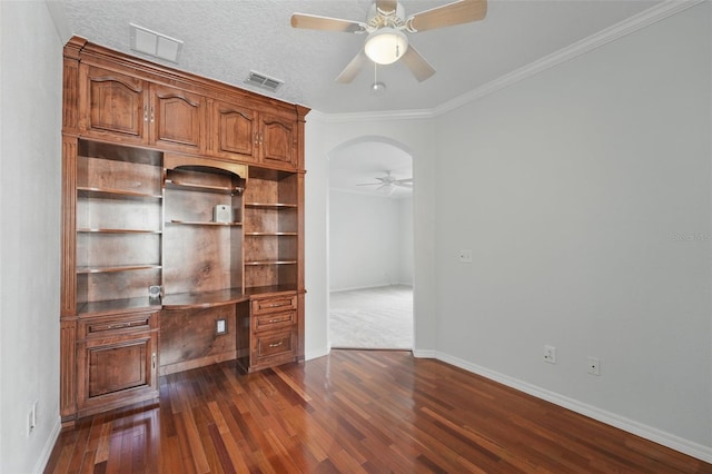 442 Graystone Blvd, Davenport, FL 33837 - unfurnished office featuring ceiling fan, dark wood-style floors, baseboards, ornamental molding, and built in study area