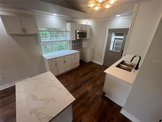 18127 US Highway 41, Spring Hill, FL 34610 - kitchen with stainless steel microwave, a sink, tasteful backsplash, dark wood-style flooring, and lofted ceiling