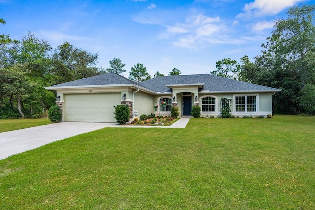 10197 Meadow Wren Ave, Weeki Wachee, FL 34613 - ranch-style house featuring an attached garage, a front yard, driveway, and stucco siding