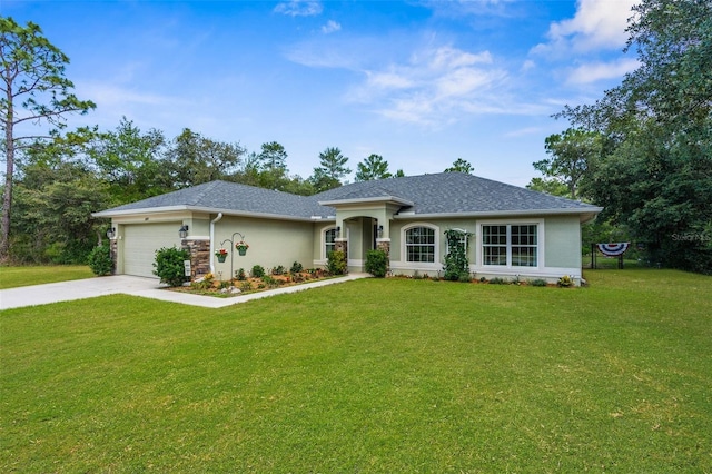 10197 Meadow Wren Ave, Weeki Wachee, FL 34613 - ranch-style house with a front yard, a garage, driveway, and stucco siding