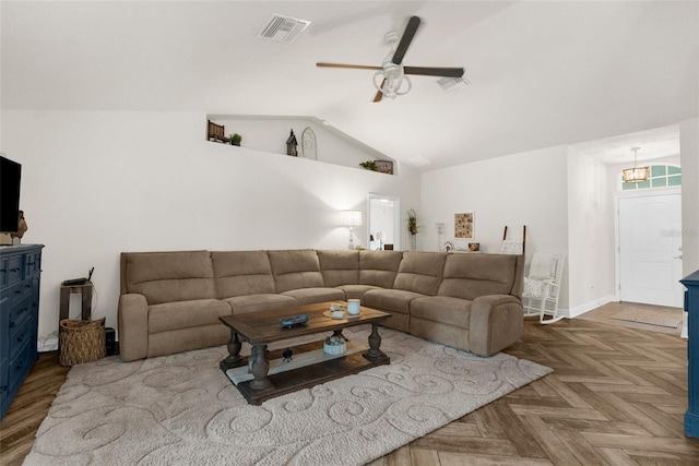 10197 Meadow Wren Ave, Weeki Wachee, FL 34613 - living area with ceiling fan, vaulted ceiling, and baseboards