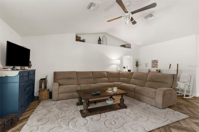 10197 Meadow Wren Ave, Weeki Wachee, FL 34613 - living area featuring a ceiling fan and lofted ceiling