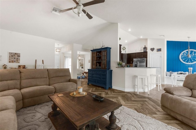 10197 Meadow Wren Ave, Weeki Wachee, FL 34613 - living room featuring ceiling fan, high vaulted ceiling, recessed lighting, and baseboards