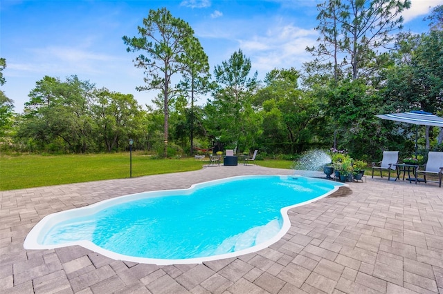 10197 Meadow Wren Ave, Weeki Wachee, FL 34613 - swimming pool featuring a patio area, a yard, and view of wooded area